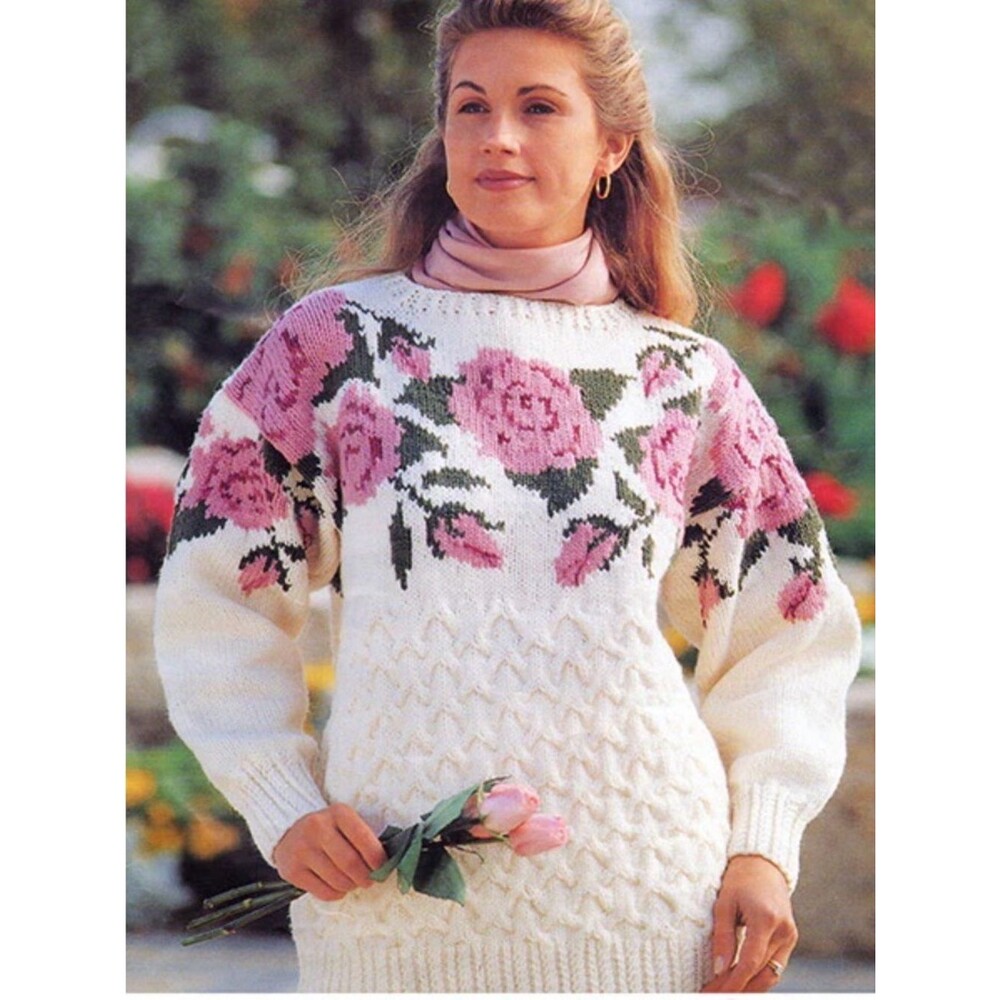 MARY MAXIM Roses and Cables Pullover Knit Sweater Handknit Cottagecore Handknit